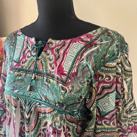 Y2K Billowy Sleeve Embroidered Lace-Up Abstract Rhinestone Green & Pink Top - Picture 2 of 8